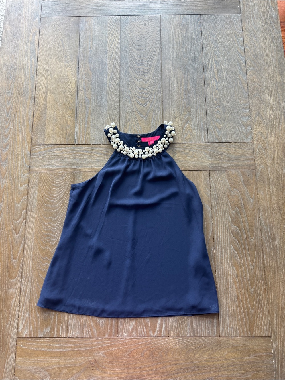 Navy Pearl-Embellished Halter top